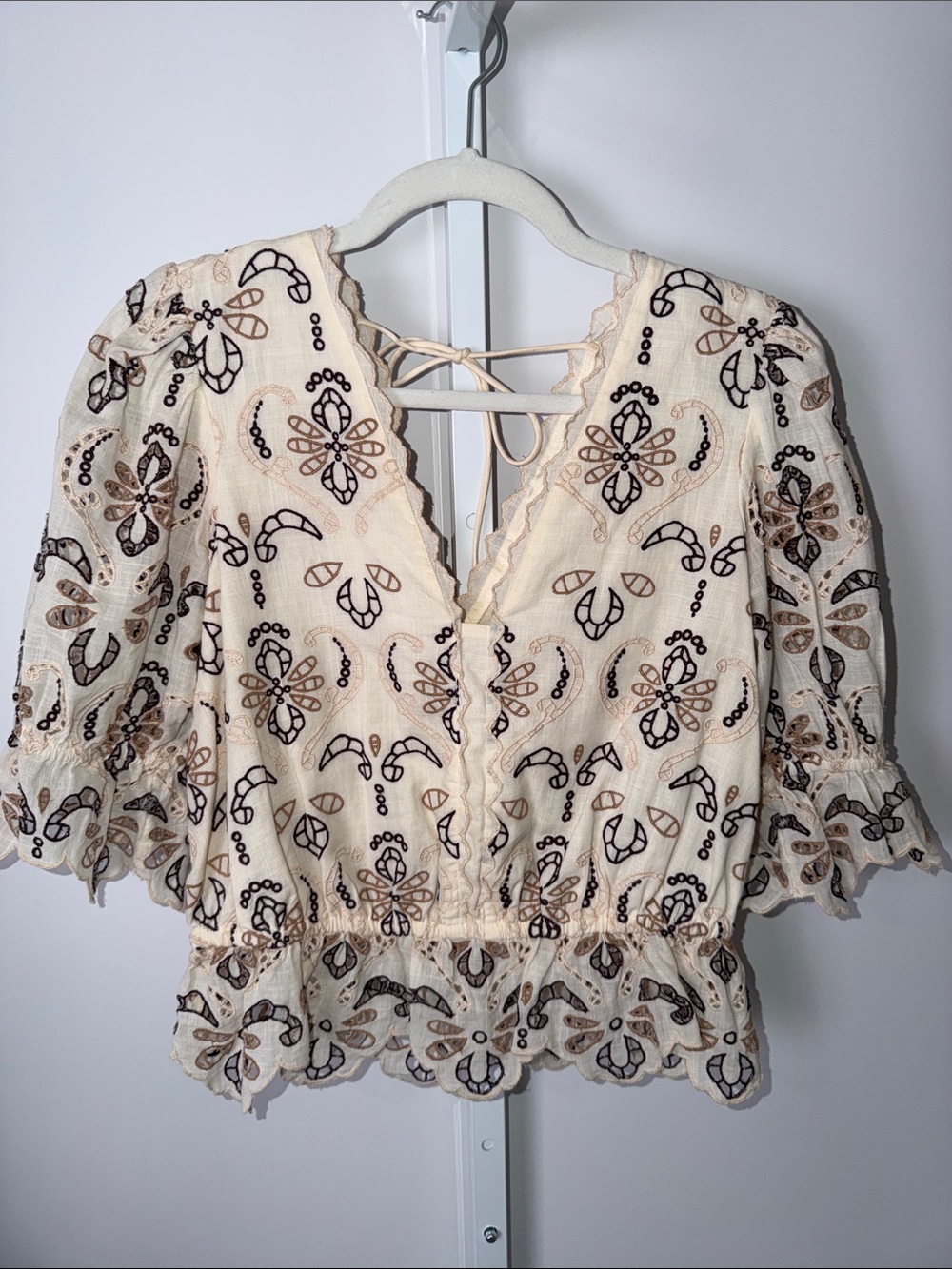 Anthropologie Embroidered Cream Lace-Up Peasant Top